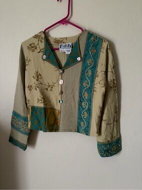 Vintage Faith Beige and Teal Embroidered Patchwork Blouse
